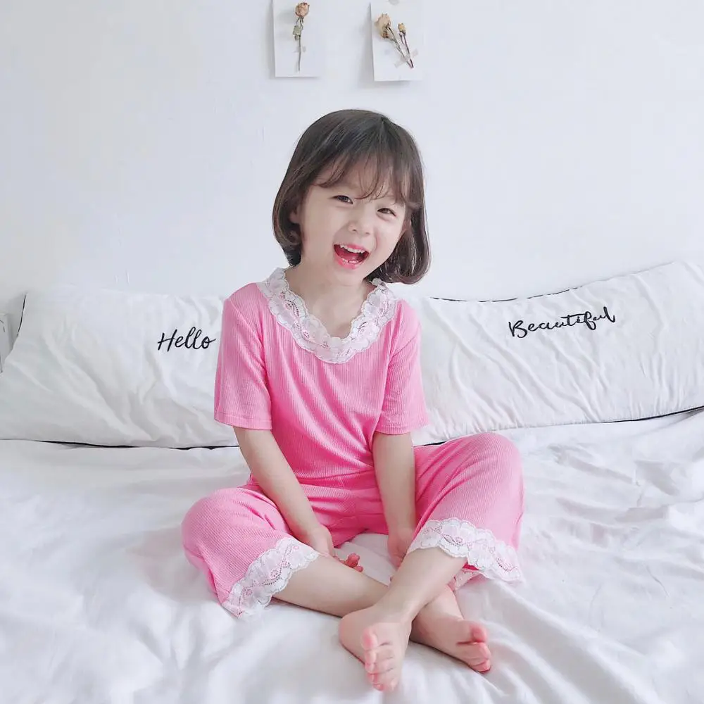 Пижамы для девочек, летние пижамы в рубчик, детские пижамы для девочек, детская одежда для сна, одежда для сна для малышей, модальный топ+ штаны, от 18 месяцев до 11 лет - Цвет: Light Rose