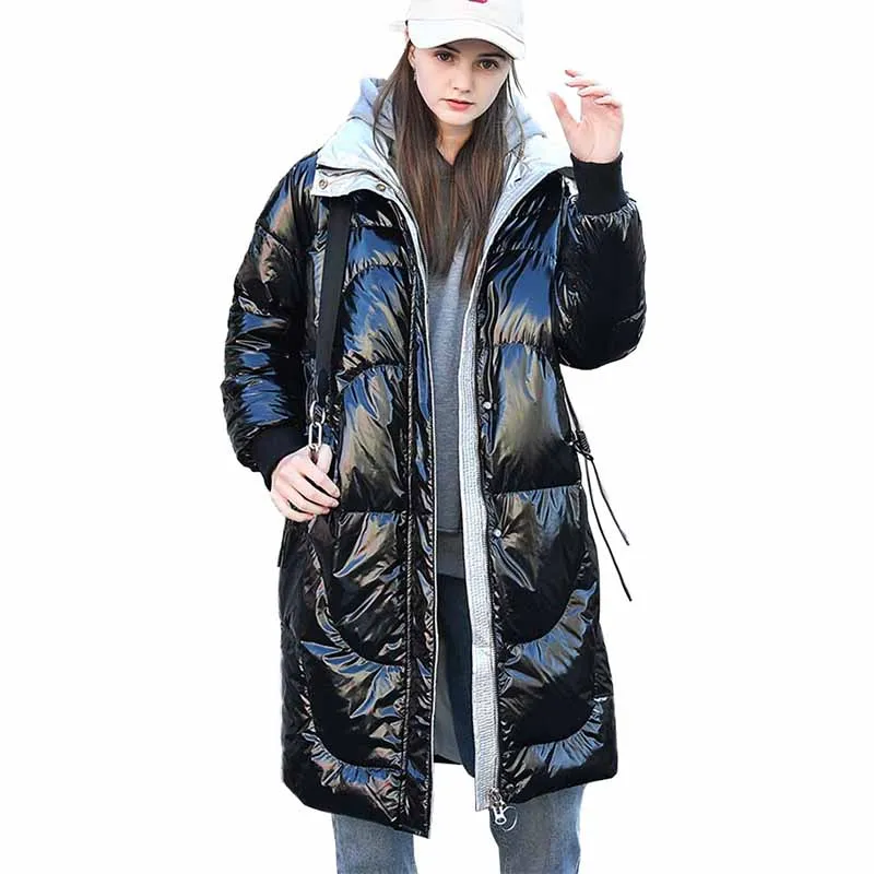 

2019 High quality Winter Down jacket Women Glossy Windproof Keep warm White duck down Coat Female Long Loose Down Coats A2893