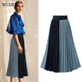

Wixra 2019 New Spring Summer Women A Line Pleated Skirts High Waist Elegant Skirt Patchwork Mid-Calf Skirt