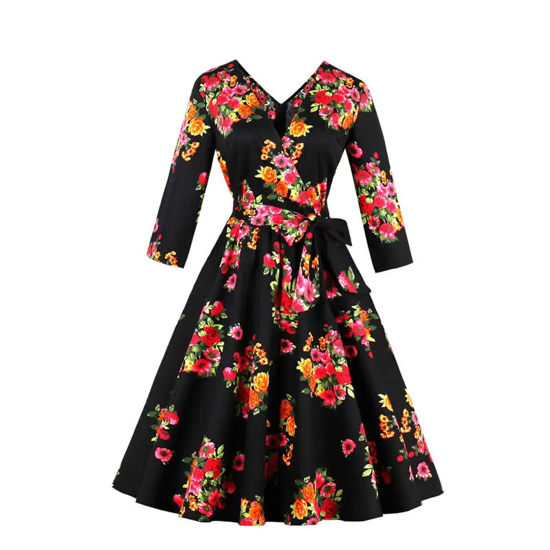

Floral Print Autumn Winter Dress Women 2018 V-Neck Long Sleeve Hepburn 50s Vintage Dress Elegant Tunic Party Dresses Plus Size