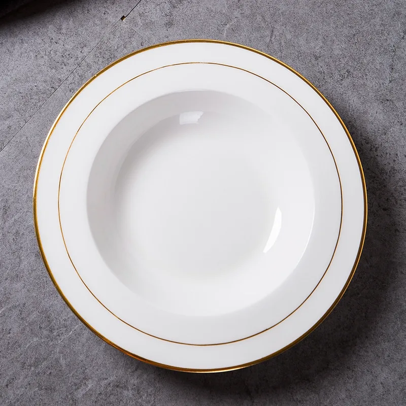 Nordic Стиль золото сторона белая тарелка, из костяного фарфора Керамика тарелки 9 дюймов Еда Стейк Салат тарелка посуда домашней кухни - Цвет: Белый