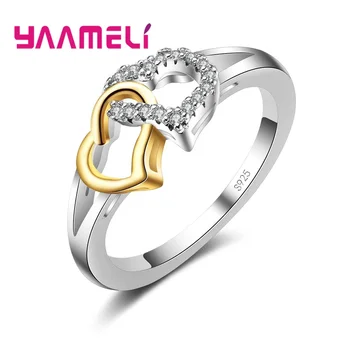 

Bridal Women Real 925 Sterling Silver Two Heart Connect Finger Rings Hard Cubic Zirconia Crystal Jewelry For Wedding