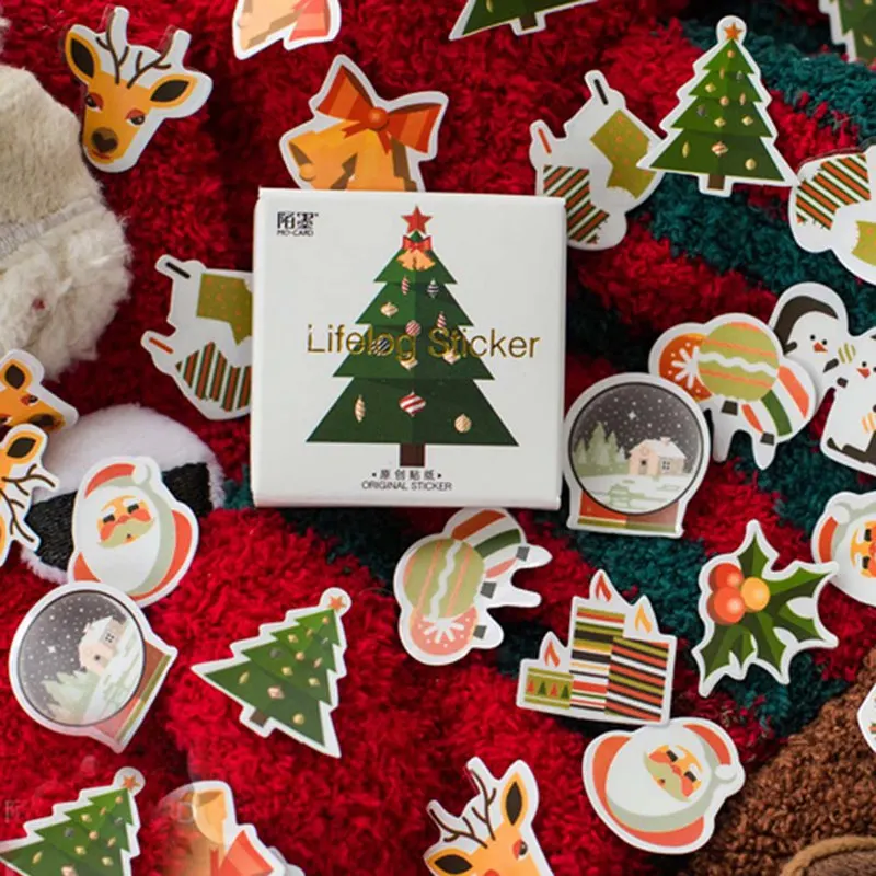 

50 Pcs/box Cute Christmas Theme Adhesive Paper Sticker Christmas Tree Elk Decoration DIY Card Scrapbooking Stationery Stickers