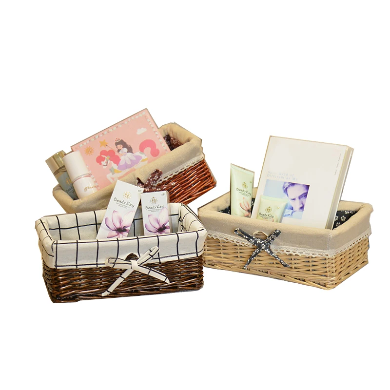 

1PC handmade Bow Cosmetic Storage Box Willow Linen Desktop Basket Makeup Cloth Jewelry Food Toys Organizer Sundries Container