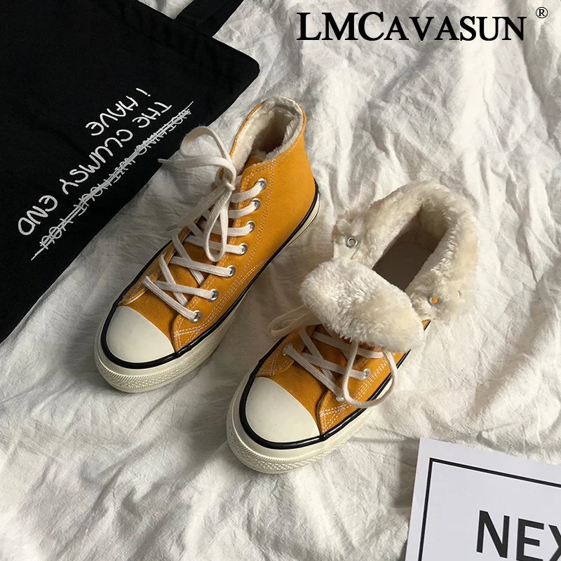 

LMCAVASUN 35-44 sandals 2019 winter Shoes woman student Korean version High-top canvas shoes Cotton shoes sneakers