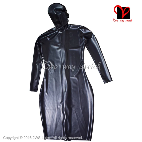 Черное сексуальное латексное платье с капюшоном с открытыми глазами, с длинным рукавом, резиновый комбинезон для куклы, облегающий костюм размера плюс, одежда QZ-118 - Цвет: black