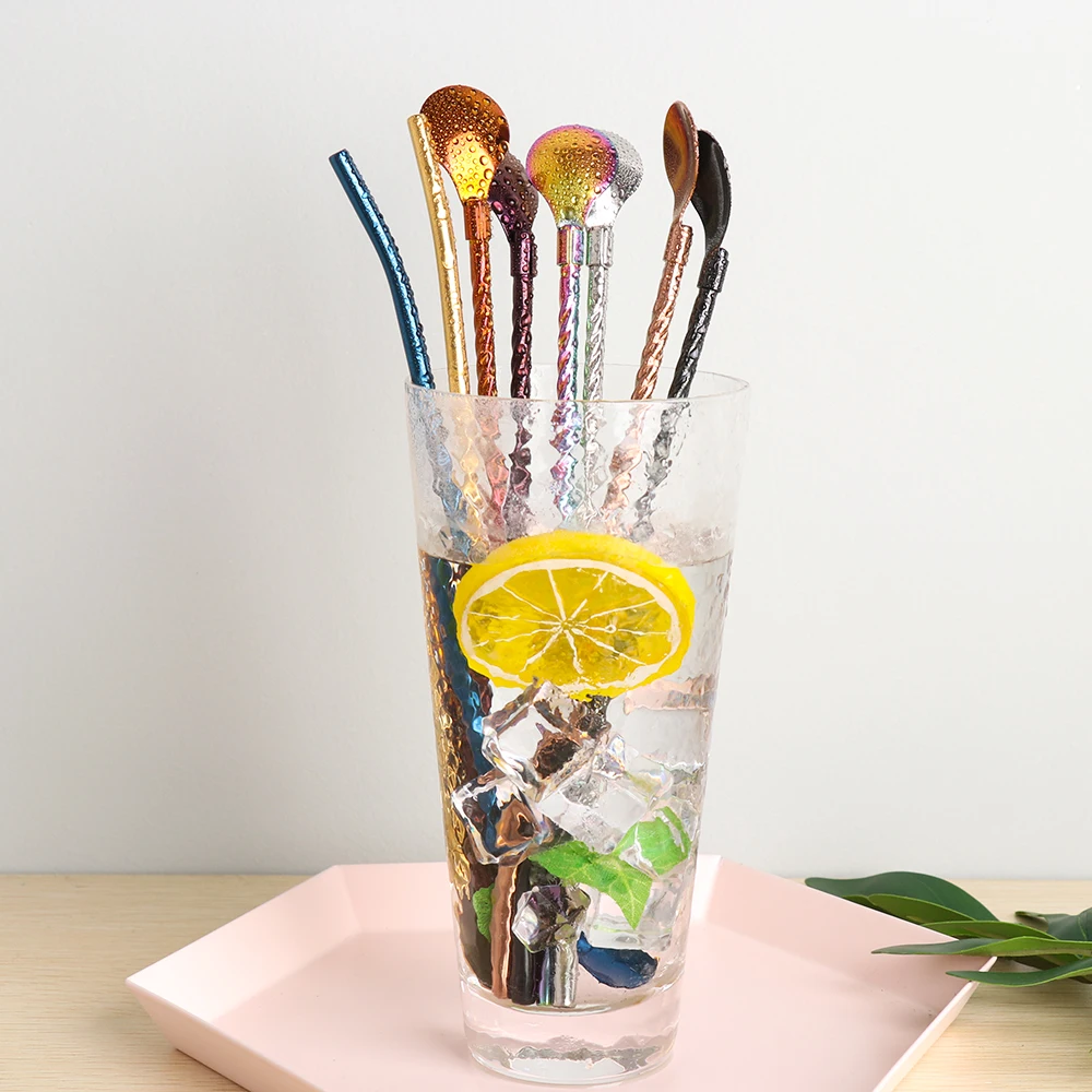 

1PC Long Twisted Straw Spoon Portable Gold Tea Scoop Reusable Colored Stainless Steel Straws Cocktail Coffee Stirring Spoon