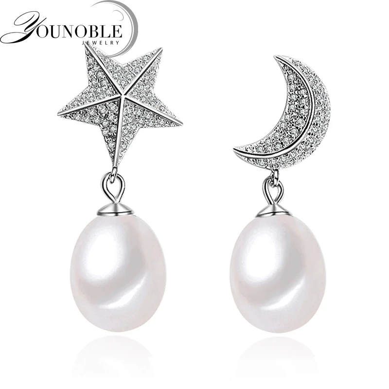 

YouNoble 925 silver earrings with pearl for women,moon star trendy wedding natural freshwater pearl earrings girl gift white