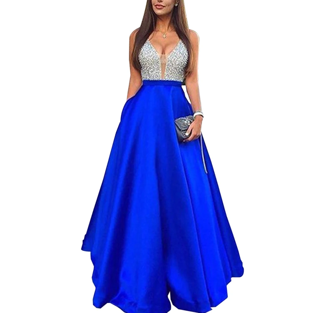 Женское платье с блестками и длинным соединением, свадебное платье без рукавов с v-образным вырезом, синее ТРАПЕЦИЕВИДНОЕ элегантное шифоновое платье, вечернее платье подружки невесты - Цвет: Синий