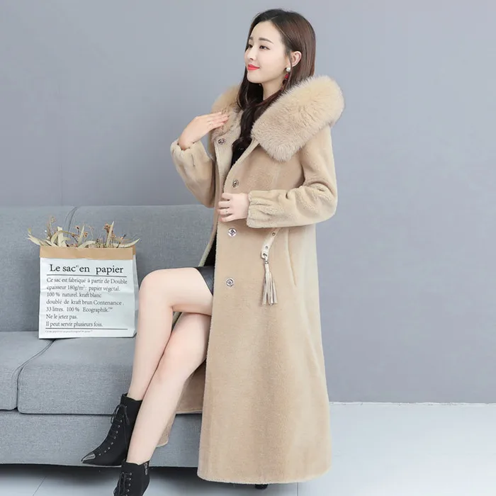 M-4XL, Новое Женское пальто из стриженой овцы, зима, модная куртка с капюшоном и воротником из лисьего меха, утолщенная верхняя одежда для женщин - Цвет: Бежевый