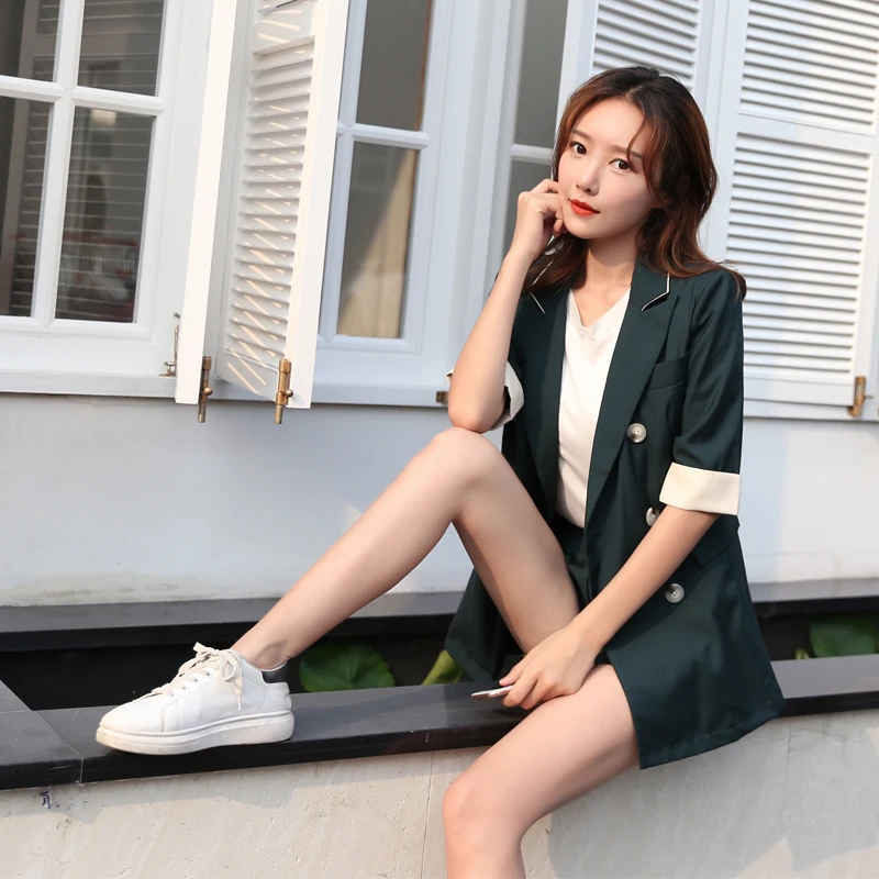 

Fashion Thin Women 2PC Suits Outfits Loose Casual Blazer&Mini Shorts Sets Two Pieces OL Chic Blazer Shorts Suits Office Lady