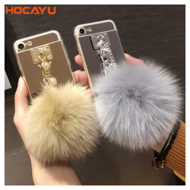 Роскошные зеркальные Чехлы HOCAYU с меховым шариком для Iphone 5 5S Se 6 6s 6plus 7 7plus 8 8plus X