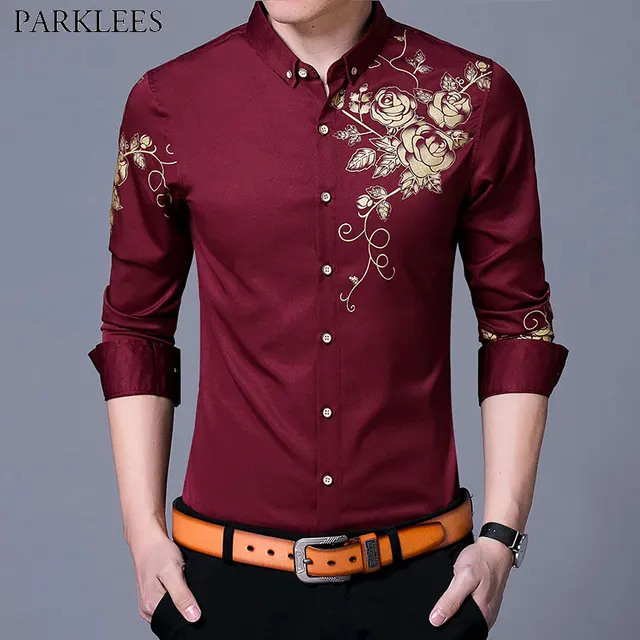 Marque Vin Rouge Robe De Mens Chemises 2018 De Mode Or Rose Fleur imprimer Chemise Hommes
