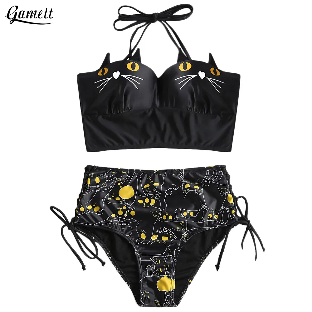 Gameit Cute Cat Swimwear 2018 Women High Waist Black Bikini Set Lace up