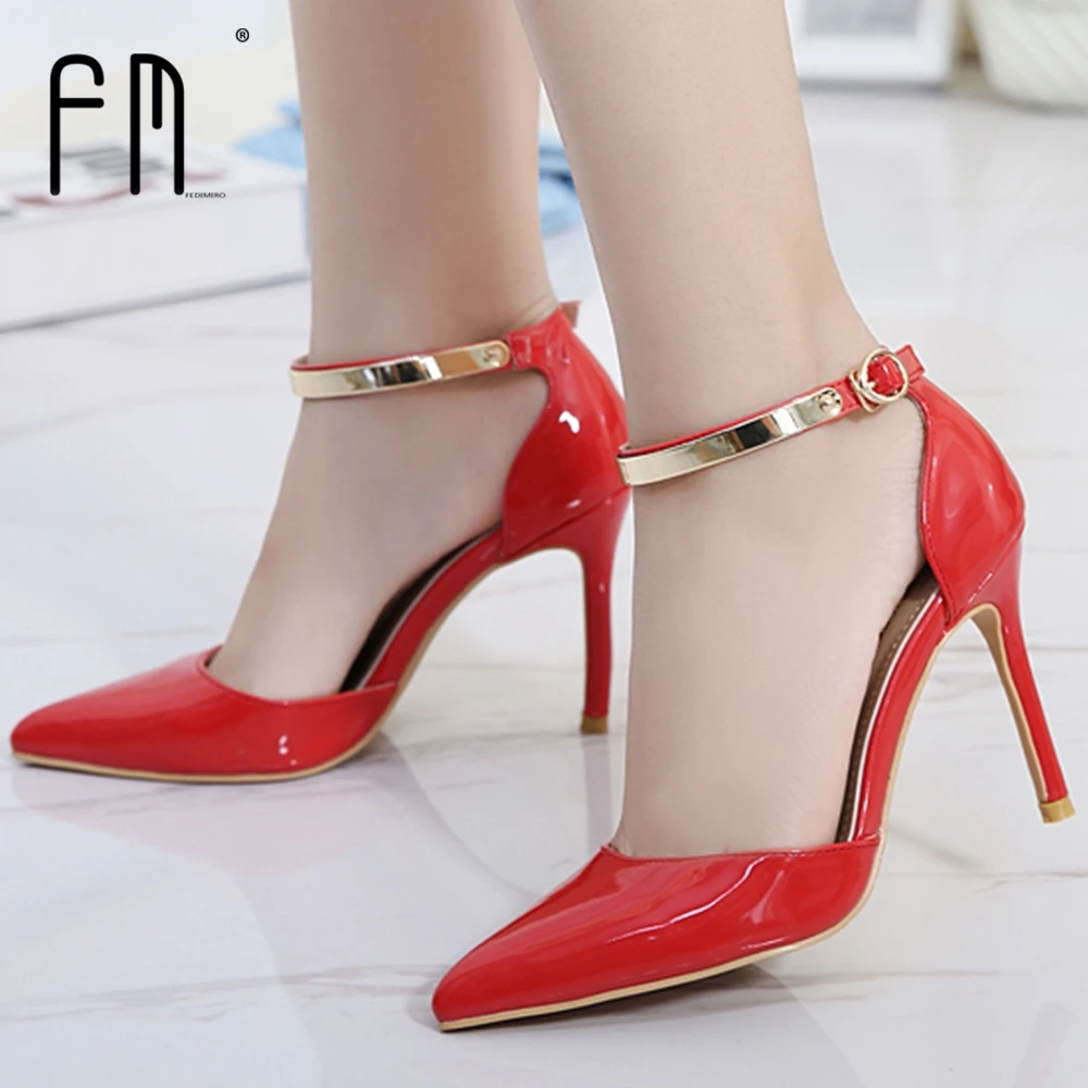 

FEDIMIRO 9.5CM Ankle Atrap High Heels Woman Stilettos Pointed Toe Side empty High heel shoes Pumps Sexy Wedding shoes Size 34-40