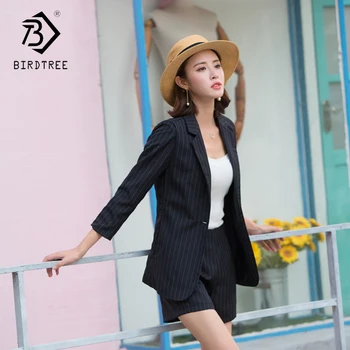 

Fashion Striped Women Short Pant Suits Three-quarter Sleeve Jacket High Waist Short Lady Two Piece Short Set Hot Sale S83404F