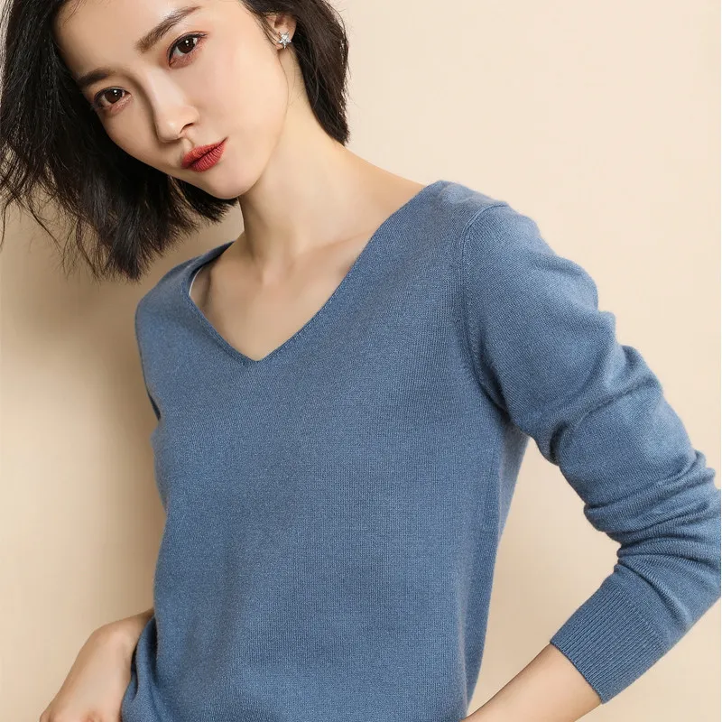 BELIARST весна и осень новая кашемировая рубашка модный большой v-образный вырез женский пуловер Свободный досуг вязаный джемпер теплый - Цвет: Синий