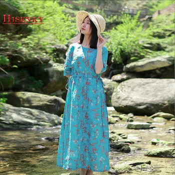 

Hisenky 2019 Summer Women Ramie Dress Half Sleeve Floral Dress Bohemian Maxi Dress High Waist Drawstring Mori Girl Dress Vestido