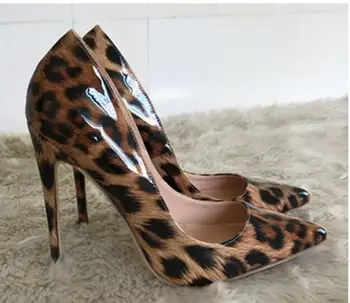 

Women Patent Leather Pumps 2019 High Heels OL Sexy Pointed Toe Leopard Dress Slip On Shoes For Lady Size 35- 46