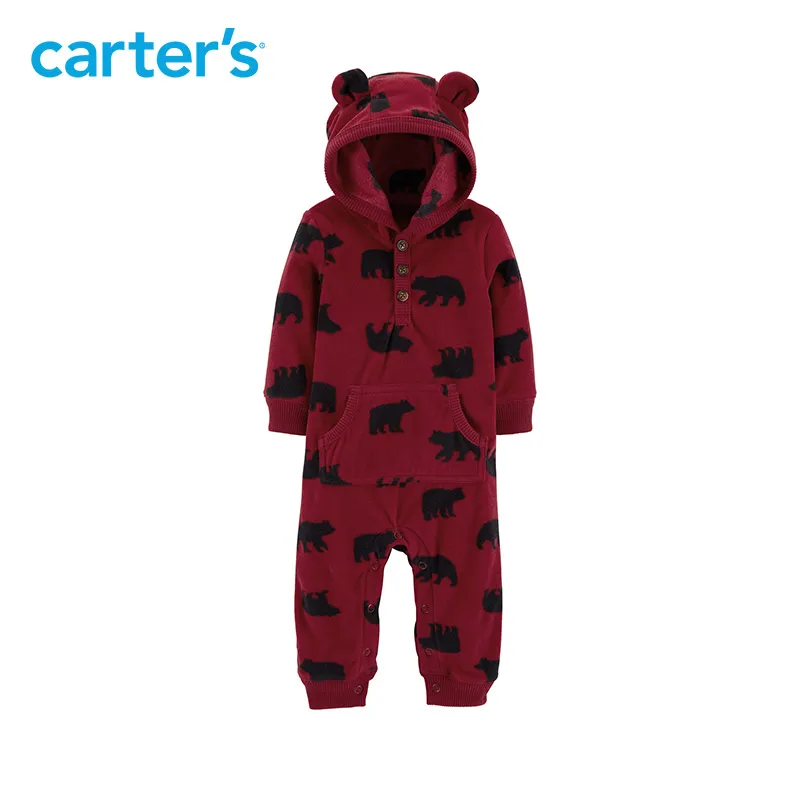 

1pcs Cute Polar Bear 3D ears Hooded Fleece Jumpsuit Carter's baby boy fall winter clothing 118I421