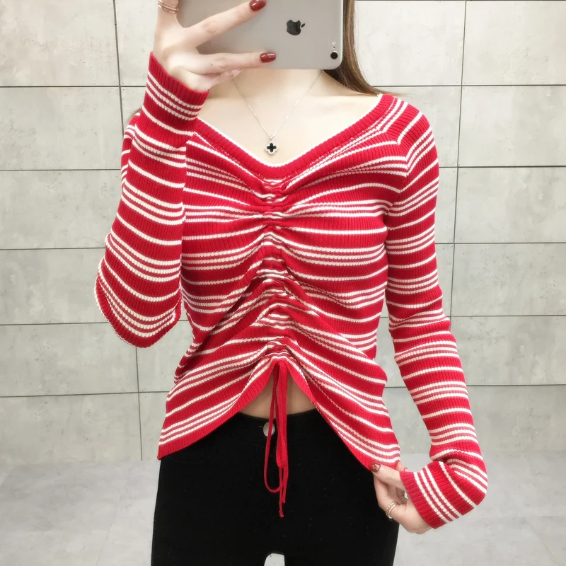 

Striped Knitted Sweater Women 2019 Spring Autumn V-neck Women Sweaters And Pullovers Female Tricot Jumper Pull Femme Oversized T