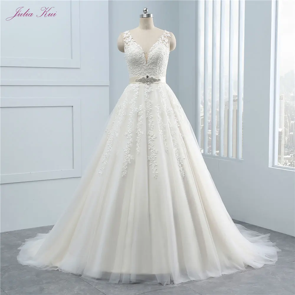 

New Design Appliques Lace Sexy V-Neck A-Line Wedding Dress Soft Tulle Beading Bow Sashes Backless Bridal Dress Vestido De Noiva