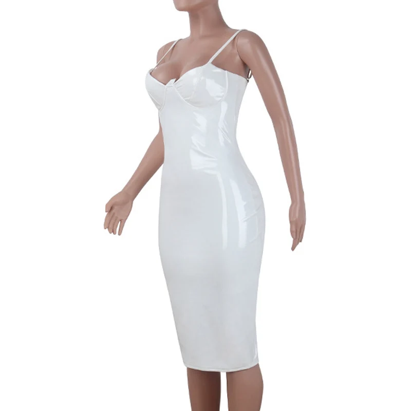 Sexy Wet look Zipper Spaghetti Strap Midi Bodycon Dress 2018 Sleeveless Clubwear Party Vinyl Leather Dress Black White Red Pink Sexy Wet look Zipper Spaghetti Strap Midi Bodycon Dress 2018 Sleeveless Clubwear Party Vinyl Leather Dress Black White Red Pink