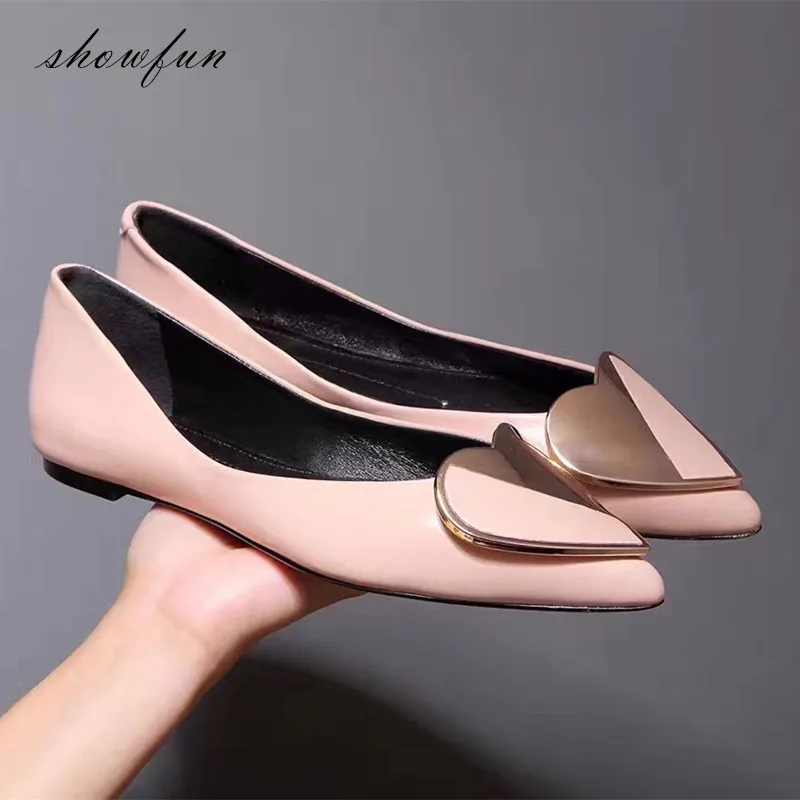 

Women's Genuine Leather Slip-on Flats Brand Designer Pointed Toe Heart Shape Decoration Ballet Flats Leisure Shoes for Women Hot
