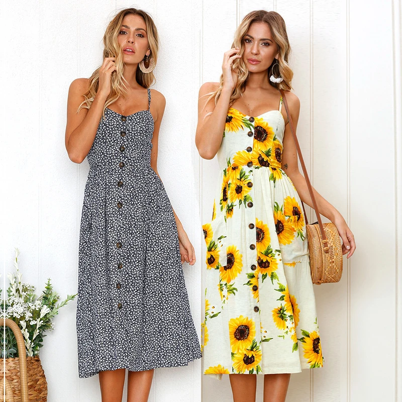 

Strap V Neck Summer Dress Women Sunflower Print Backless Party Dress Casual Vestidos High Waist Midi Female Beach Dresses 2018