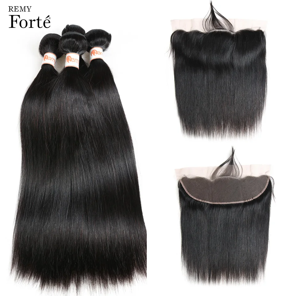 

Remy Forte Hair Extension Straight Human Hair Bundles With Closure Peruvian Straight 2 Bundles With 13 x 4 Lace Frontal Closure