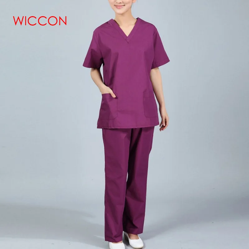 

WICCON New Women V neck Summer Nurse Uniform Hospital Medical Scrub Set Clothes Short Sleeve Surgical Scrubs Solid Hot Unitform
