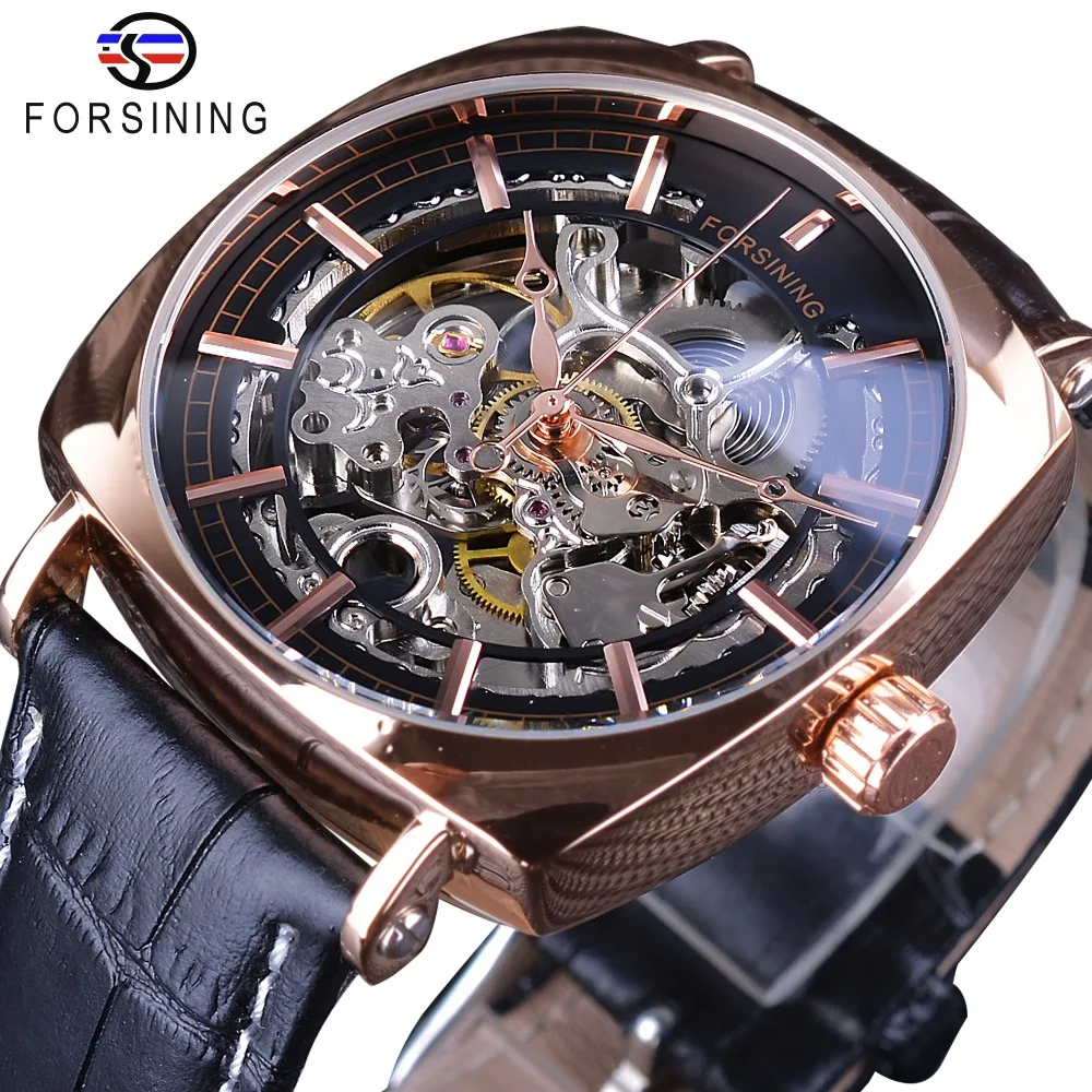 Meilleur Forsining Noir Véritable Mode En Cuir Royal De Luxe Or Horloge Transparent Squelette Hommes Automatique Mécanique Montres Top Marque