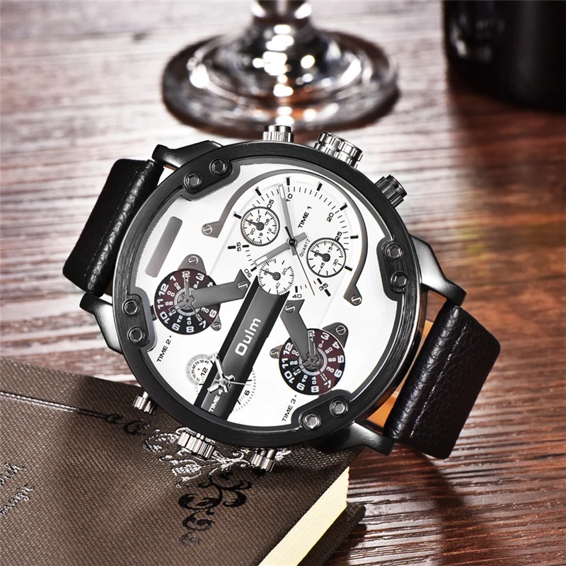 Oulm бренд супер большой циферблат Мужские часы двойной часовой пояс часы повседневные из искусственной кожи люксовый бренд Мужские кварцевые наручные часы
