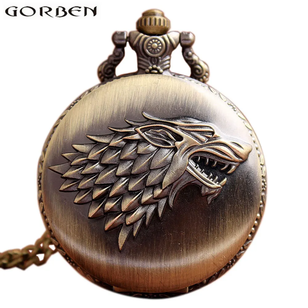Античная бронзовая Игра престолов Старк дом кварцевые карманные часы волк головное Ожерелье Подвеска часы с цепочкой Женщины Мужчины