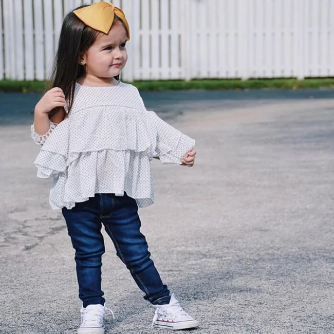 European Style Baby Girl Shirtdress Black and White Dot Printed Toddler