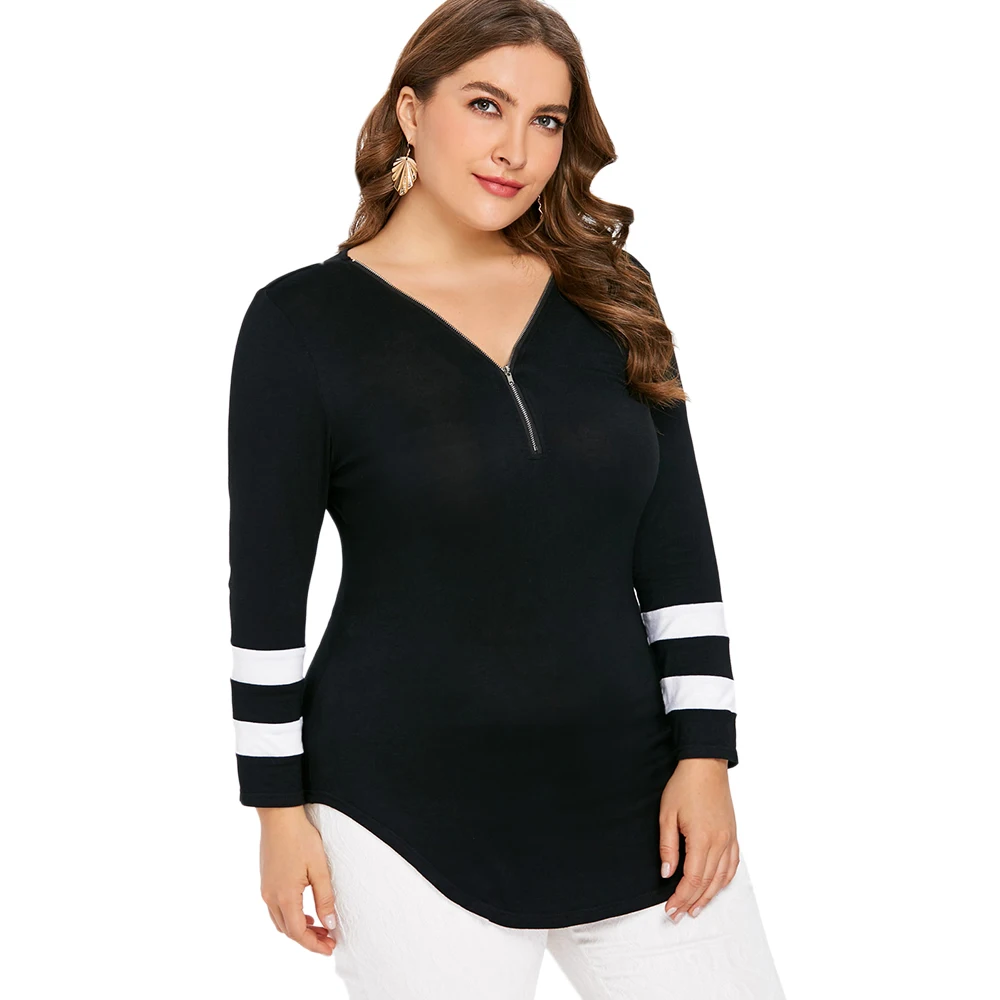 

Rosegal Plus Size Half-Zip Neck Contrast Stripe Print Long Sleeve T-Shirt Autumn Ladies Tops Tees Casual T Shirt Women Clothing