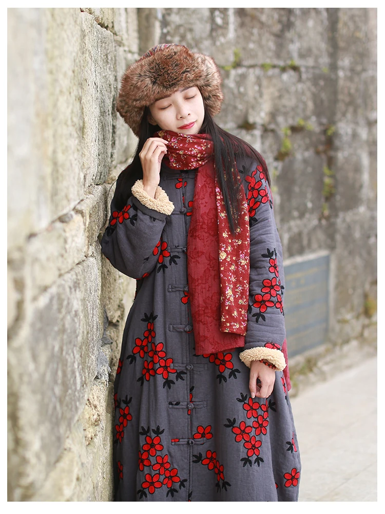 LZJN Women's Chinese-Style Floral Embroidered Trench Coat, Maxi Loose Overcoat, Windproof Fleece Jacket, for Autumn and Winter