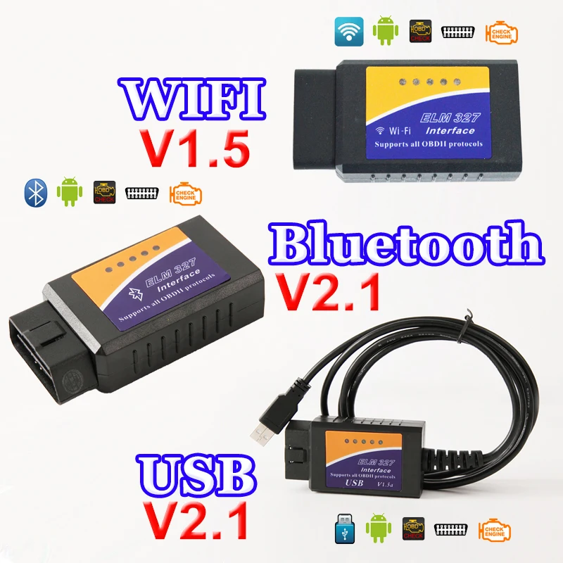 

USB Bluetooth WIFI ELM327 OBD2 / OBDII ELM 327 V1.5 / V2.1 for Android IOS Auto Diagnostic Scanner Tool