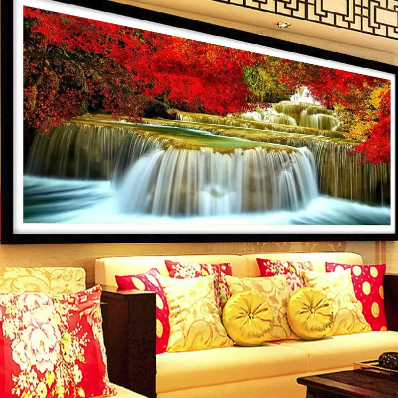 Best 195x85cm Red Maple Forest Waterfall DIY Precise Printed Full Cross Stitch Embroidery Kit Needlework Handmade Counted Craft Gif!   t 2