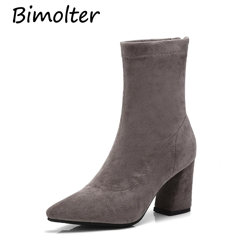 

Bimolter Women New Fashion Mid Calf Boots Genuine Leather High Heel Stretched Pointed Toe Lady Socks Shoes Autumn Winter LAEB011