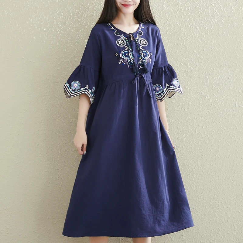 

Women Cotton Linen Dress O-neck Half Sleeve Vintage Floral Embroidery Dresses Ladies Casual Loose Vestidos