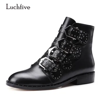 

Luchfive Susanna Studded Buckle Ankle Boots Women four Metal Buckled Flat Motorcycle Boots Leather Rain Booties For Women