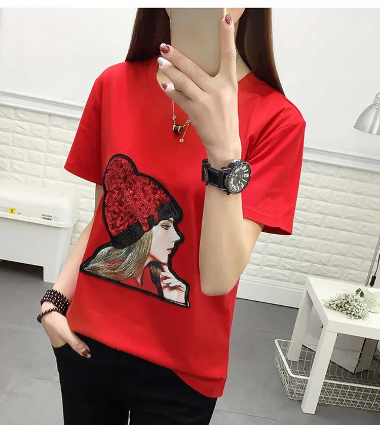 New Summer T-shirt Women Tshirt Plus Size Funny Print Tops Tees Femme Short Sleeve Sequins Poleras Mujer Moda 2018 (6)