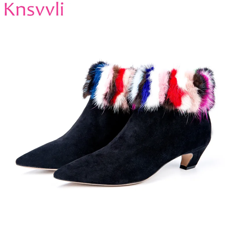 

Knsvvli coloured rabbit hair ankle boots women pointed toe black kid suede fashion shoes ladies kitten heel short boots