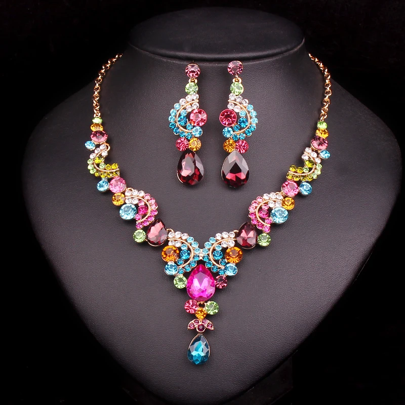 Fashion Rhinestone Bridal Jewelry Sets Prom Party Costume Accessories Wedding Necklace Earring Set For Brides Trinket