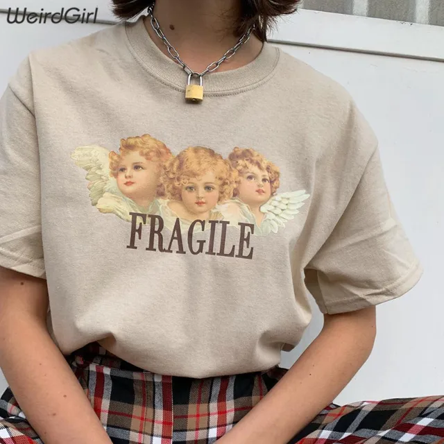 US $8.59 Weirdgirl Women Baby Angel Printing Casual Fashion T-shirts letter Short Sleeve O-Neck Khaki Loose 