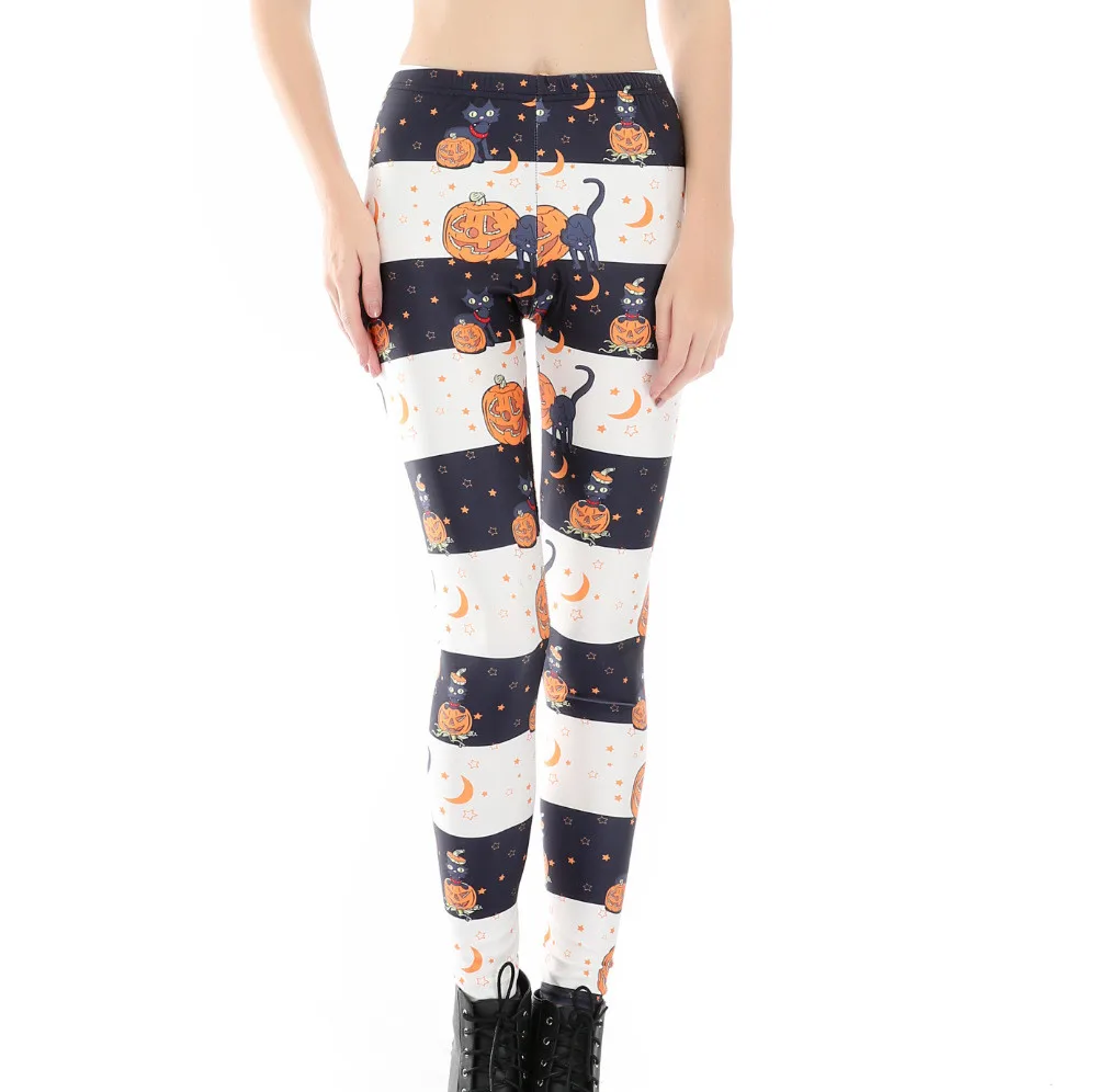 Fashion Women Pumpkin Lamp & Black Cat Print Leggings Slim Fit Thin