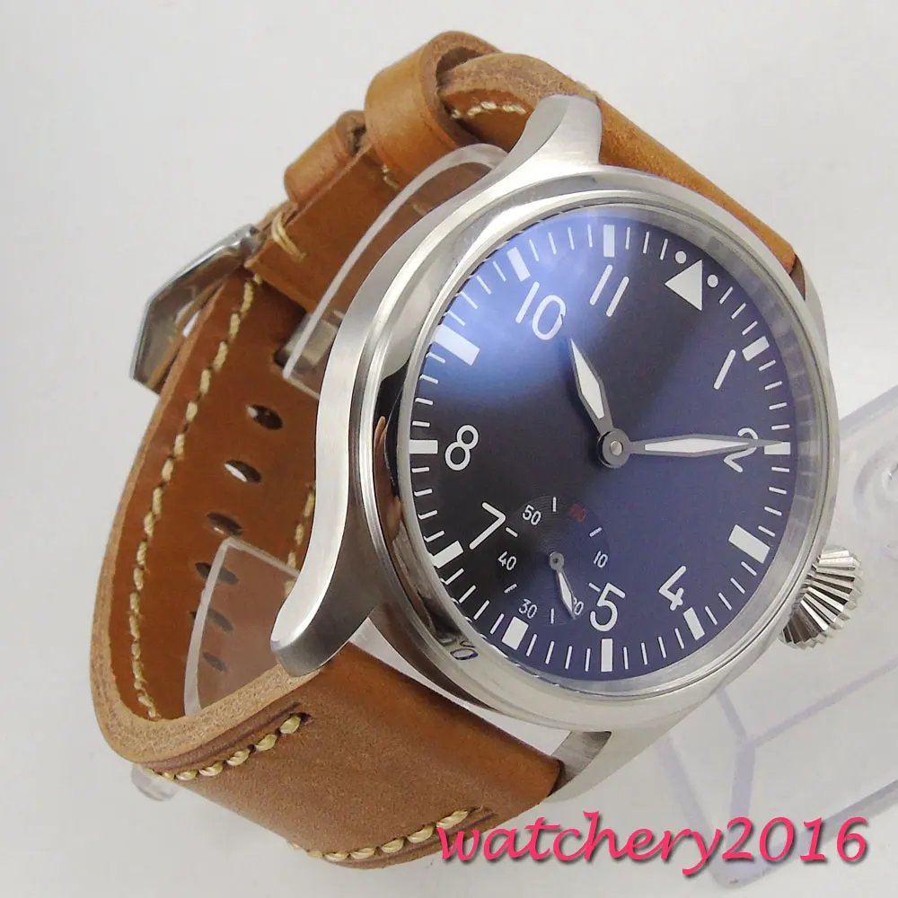 

47mm Parnis black sterile dial crystal Leather strap Mechanical Hand Wind 17 jewels 6498 movement Mens Mechanical Wristwatches