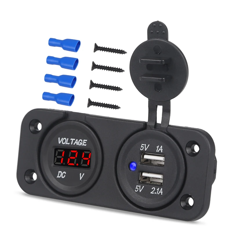 

Auto Boat Motorcycle Dual USB Socket Charger Car Voltage USB Dual Socket Adapter With Voltmeter Panel 2 In 1 12V Waterproof