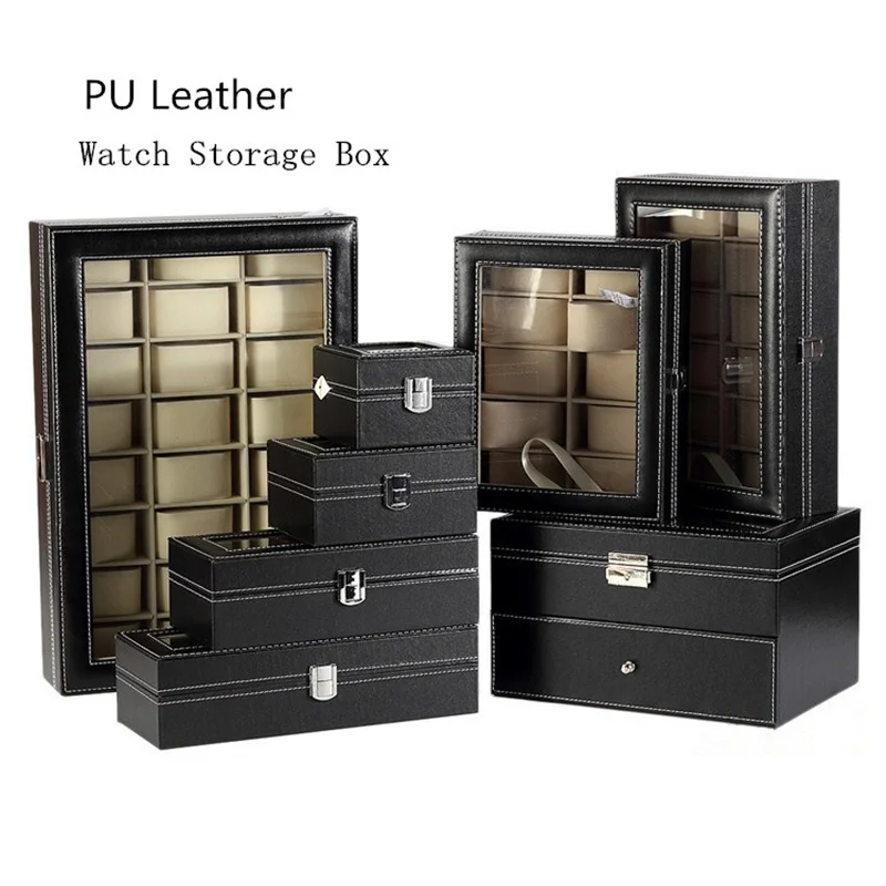 

Wholesale Leather Watch Box Black Men's Watch Storage Box Case With Window Jewelry Women Gift Case Fashion Display Jewelry Box